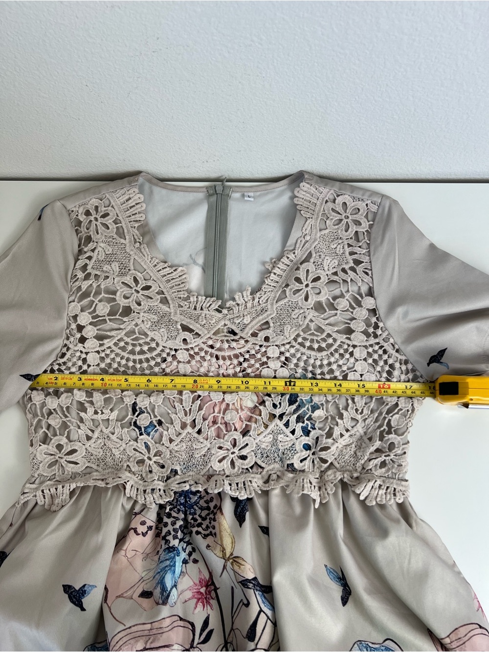 Boho Floral Lace Midi Dress Large Whimsical Beige Cottagecore Prairie Flowy - Picture 6 of 9